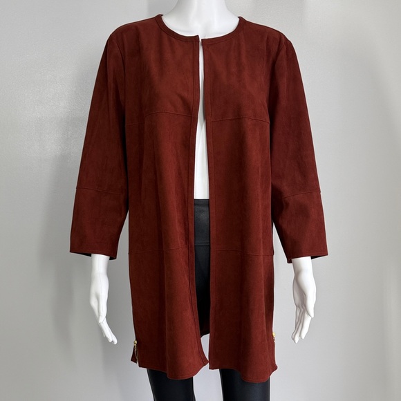 Chico’s Open Front Faux Suede Long Jacket in Rust Brown - Picture 2 of 10